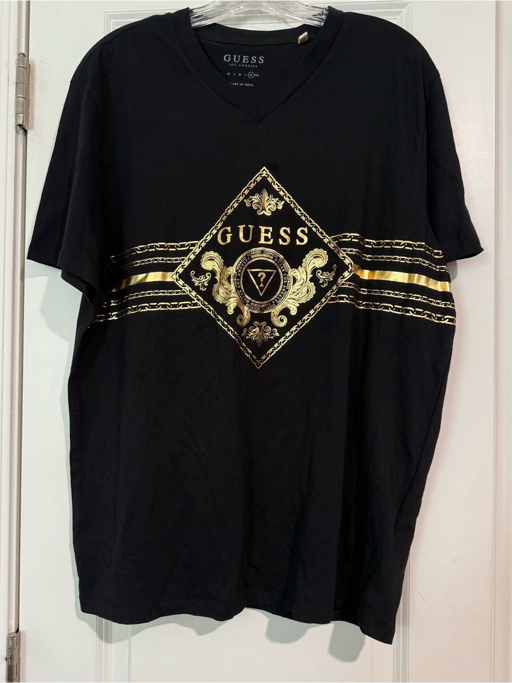 GUESS Men’s unisex Black V-Neck Tee with Gold Logo
